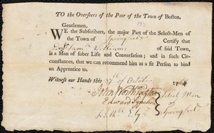 Document of indenture: Servant: Ackley, John. Master: Williams, Samuel. Town of Master: Springfield. Selectmen of the town of Springfield autograph document signed to the Overseers of the Poor of the town of Boston: Endorsement Certificate for Samuel Williams.
