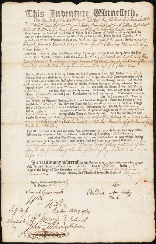 Elizabeth Jones indentured to apprentice with Hezediah Coley of Boston, 3 October 1764