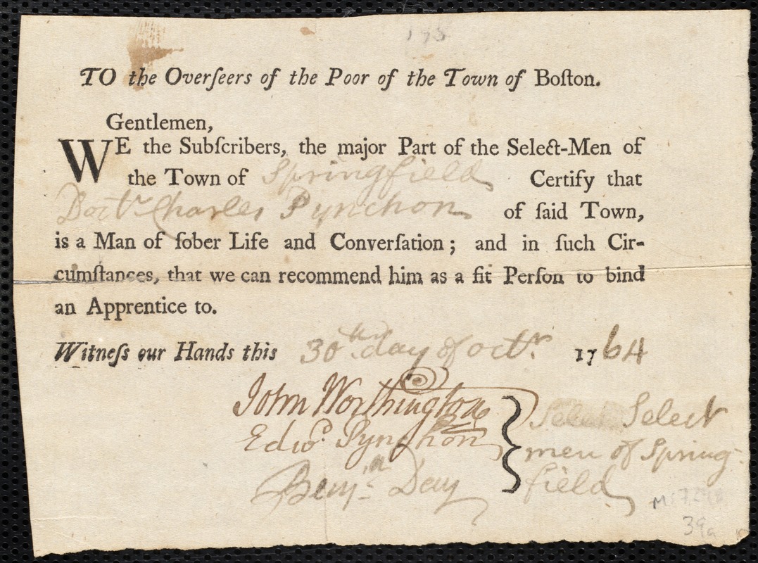 Susanna Brown indentured to apprentice with Charles Pynchon of Springfield, 17 November 1764
