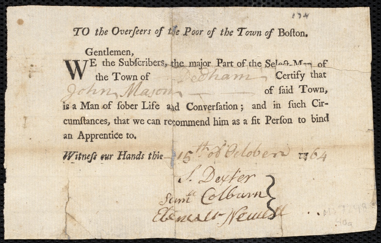 John Brown indentured to apprentice with John Mason of Dedham, 8 February 1765