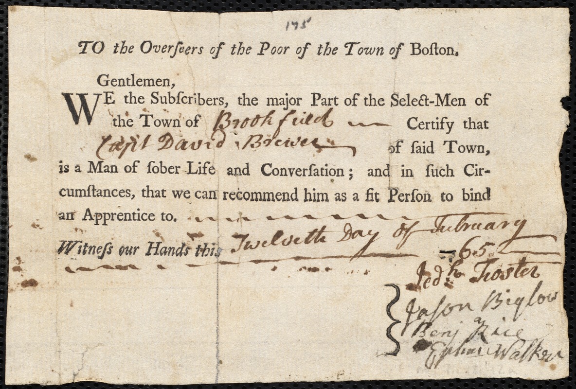 Mary Clough indentured to apprentice with David Brewer of Brookfield, 12 February 1765