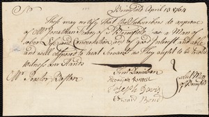 Hannah Melvin indentured to apprentice with Jonathan Ferre of Brimfield, 20 February 1765
