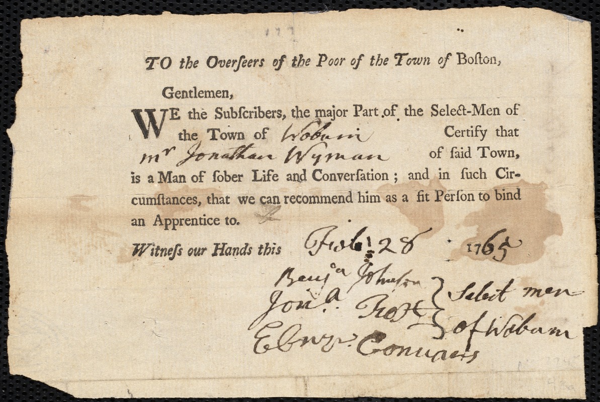 Jannet Ware indentured to apprentice with Jonathan Wyman of Woburn, 3 April 1765