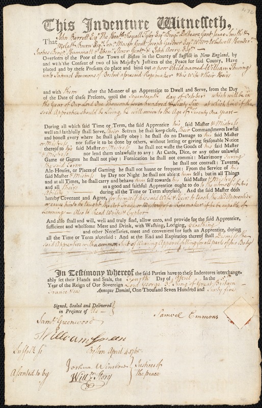 William Thwing indentured to apprentice with Samuel Emmons of Boston, 4 April 1765