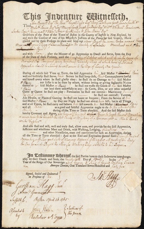 Thomas More indentured to apprentice with James Flagg of Pownalborough, 26 April 1765