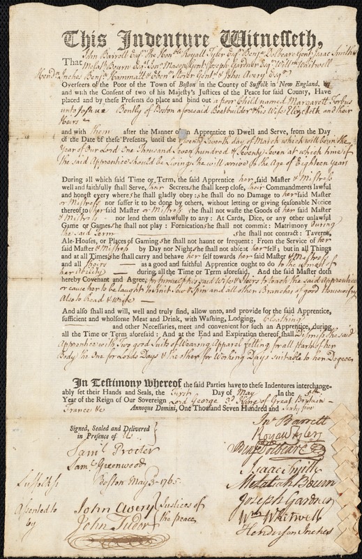 Margaret [Margarett] Forbus indentured to apprentice with Thomas [Joshua] Bently of Boston, 1 May 1765