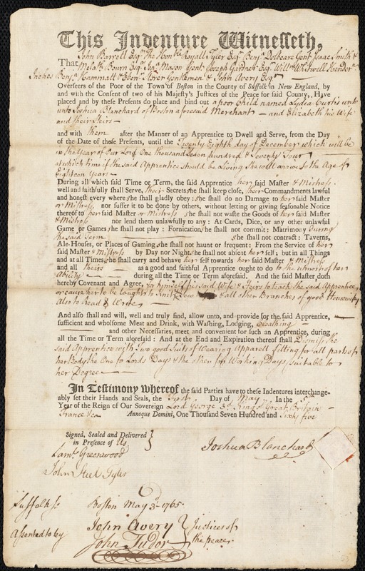 Lydia Curtis indentured to apprentice with Joshua Blanchard of Boston, 1 May 1765