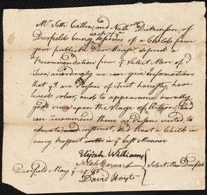 Joseph Fothergill indentured to apprentice with Nathaniel Dickinson of Deerfield, 15 June 1765