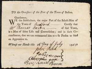 John Burgis indentured to apprentice with Thomas Bacon of Bedford, 7 August 1765