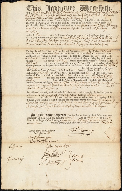 William Warner indentured to apprentice with Thomas Emmons of Boston, 7 August 1765