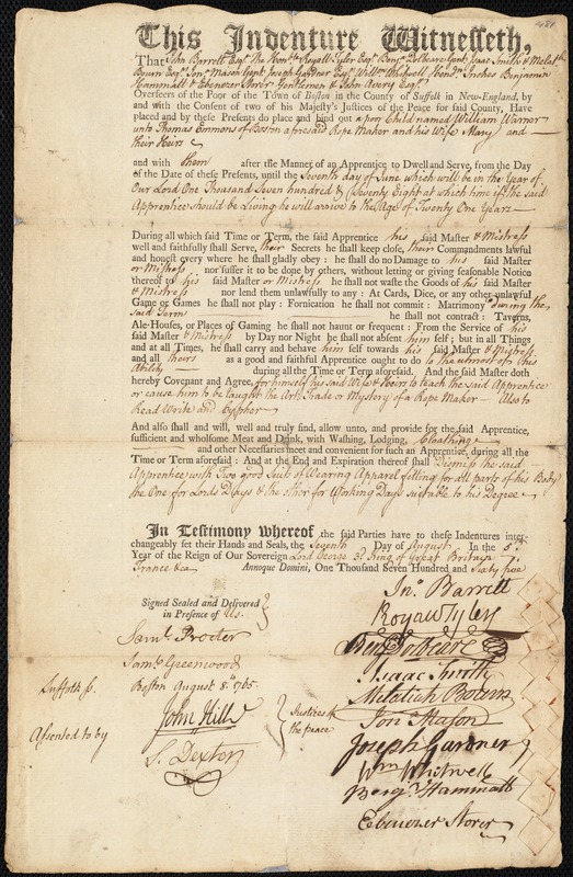 William Warner indentured to apprentice with Thomas Emmons of Boston, 7 August 1765