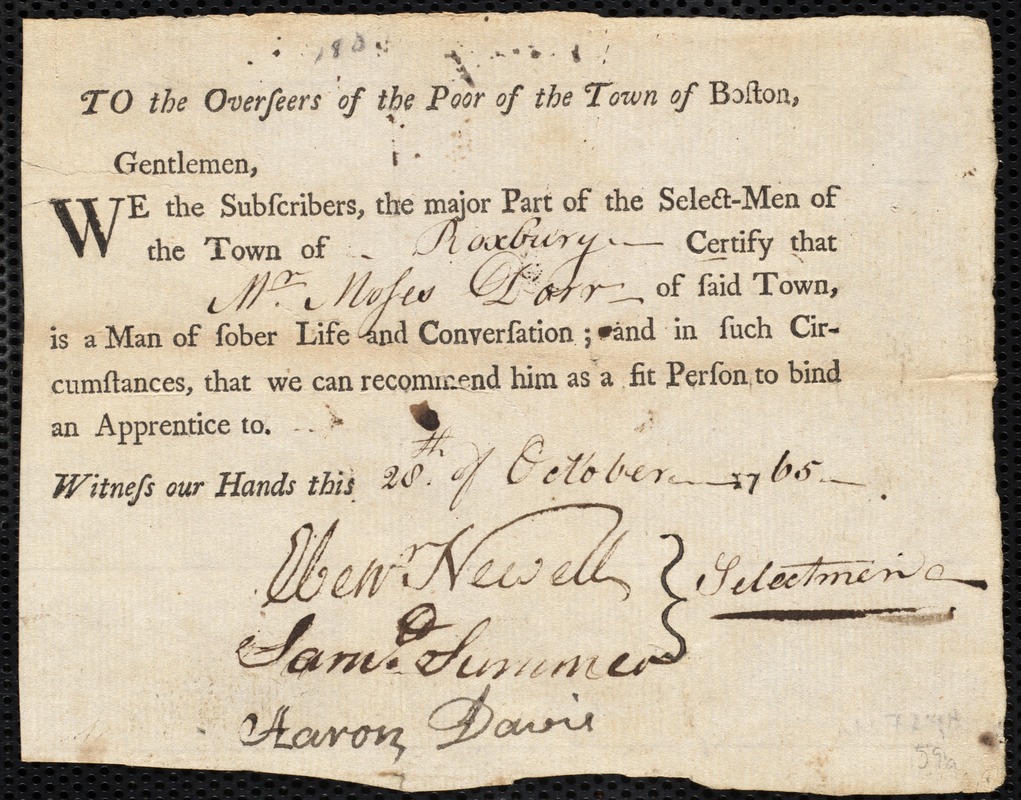 Elizabeth Kellam indentured to apprentice with Moses Dorr of Roxbury, 30 October 1765