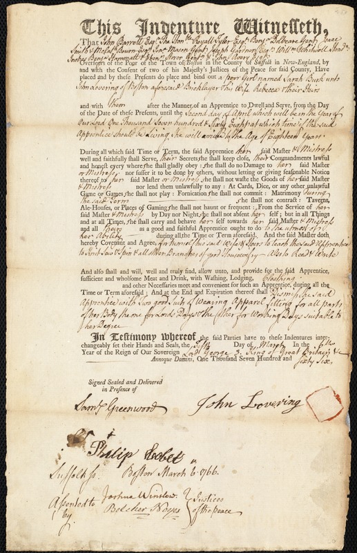 Sarah Burk indentured to apprentice with John Lovering of Boston, 5 March 1766