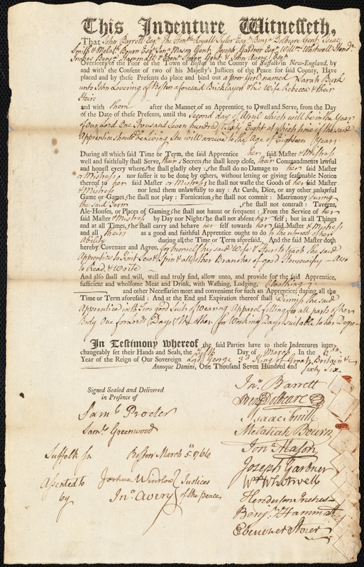 Sarah Burk indentured to apprentice with John Lovering of Boston, 5 March 1766