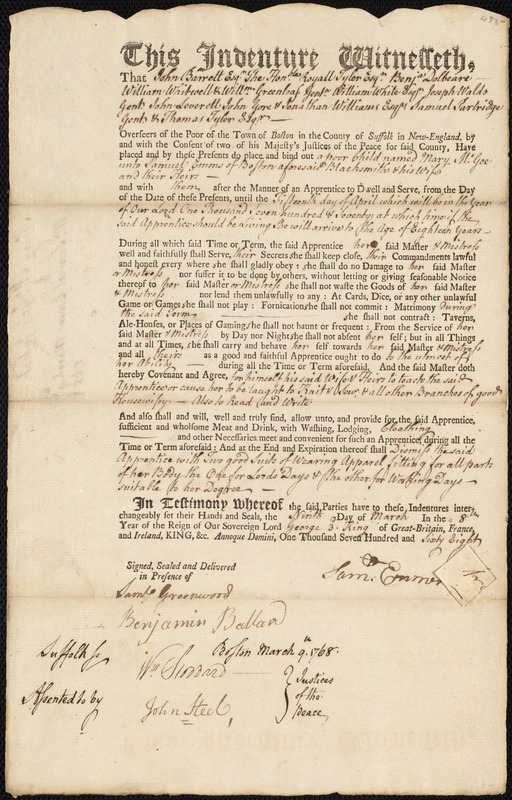 Mary McGee indentured to apprentice with Samuel Emms of Boston, 9 March 1768