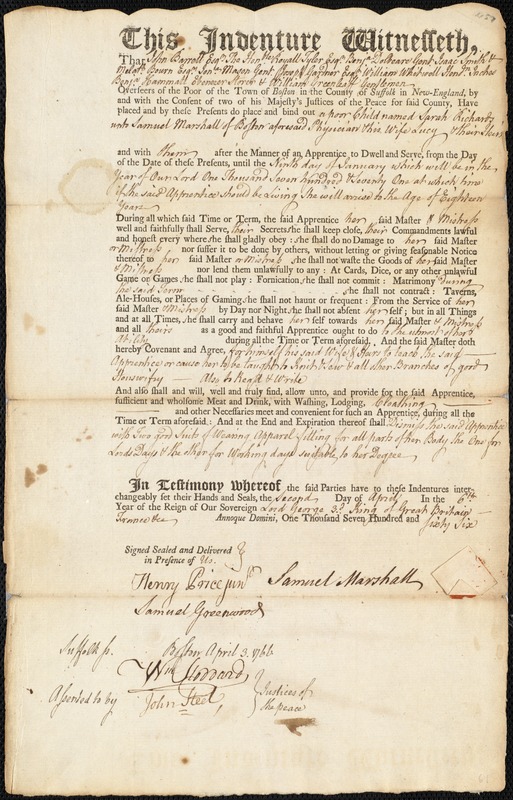 Sarah Richards indentured to apprentice with Samuel Marshall of Boston, 2 April 1766