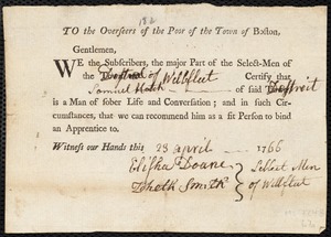 Richard Warren indentured to apprentice with Samuel Hatch of Wellfleet, 7 May 1766