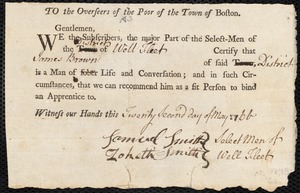 Edward Taveneaugh indentured to apprentice with James Brown of Wellfleet, 4 June 1766