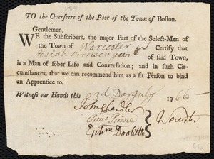 Rehanus Lewis indentured to apprentice with Josiah Brewer of Worcester, 17 July 1766