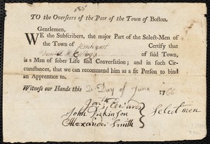 Elizabeth Bradshaw indentured to apprentice with Daniel Kellogg of Amherst, 2 July 1766