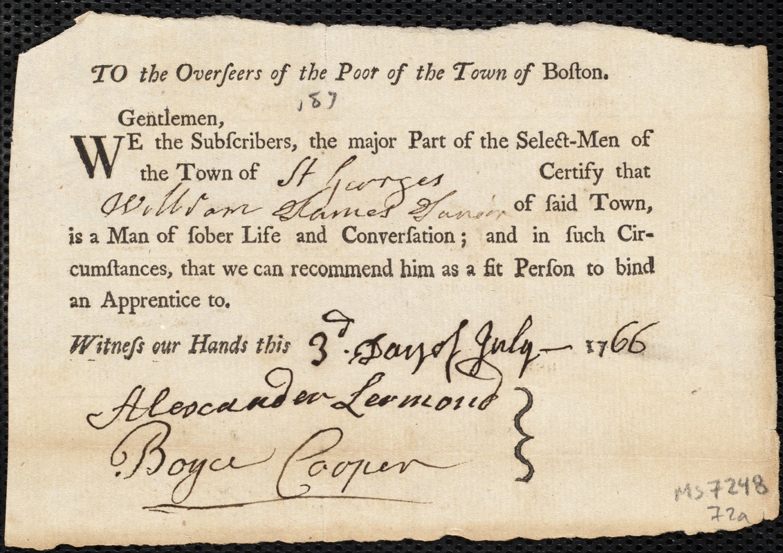 William Palfrey indentured to apprentice with William James, Jr. of St. Georges, 1 July 1766