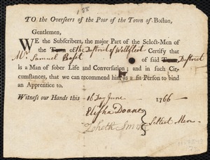 Stephen Burgis indentured to apprentice with Samuel Bassett [Basset] of Wellfleet, 2 July 1766