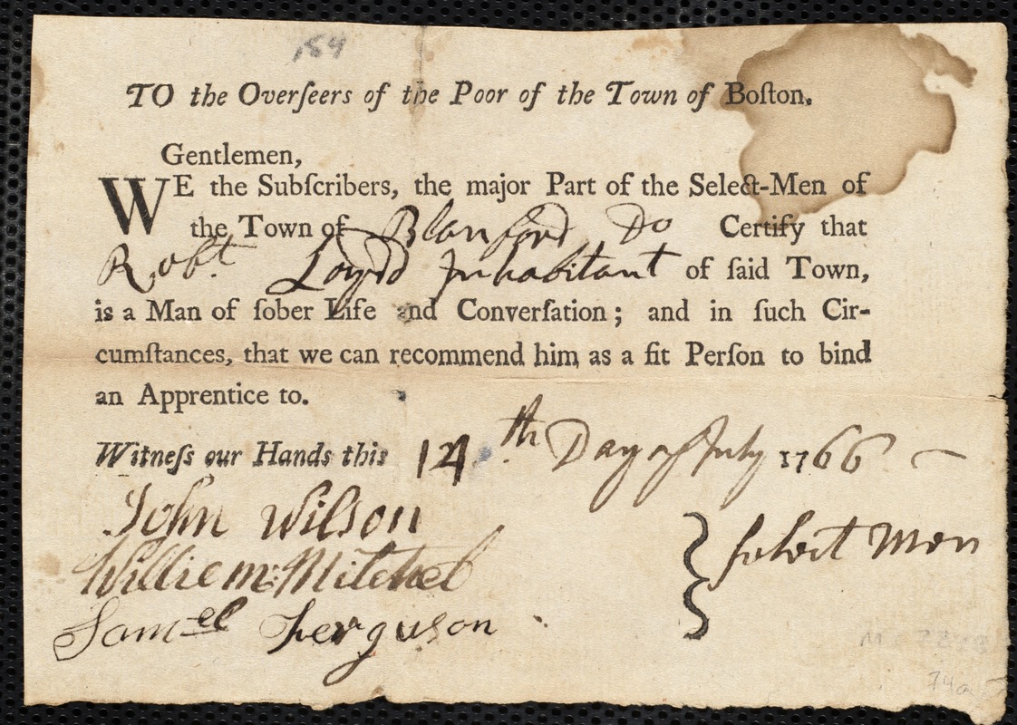 Katharine Murphy indentured to apprentice with Robert Loydd [Loyd] of Blandford, 7 July 1766