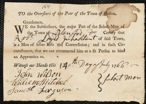 Katharine Murphy indentured to apprentice with Robert Loydd [Loyd] of Blandford, 7 July 1766