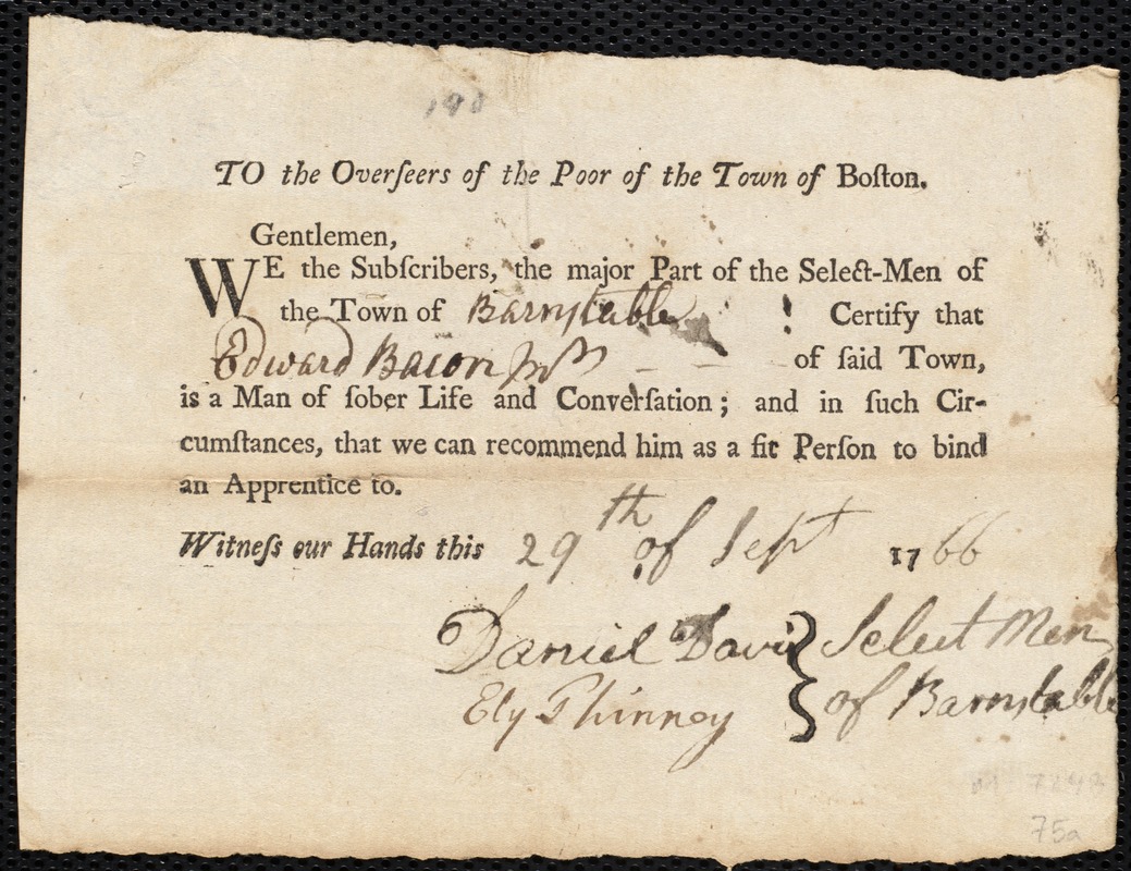 Joseph Osborn indentured to apprentice with Edward Bacon, Jr. of Barnstable, 23 August 1766