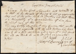 John Forbus indentured to apprentice with Joshua Combs, Jr. of Georgetown, 20 August 1766