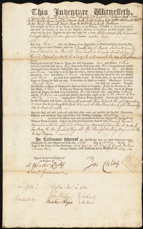 Elizabeth [Eliza] Lyniard indentured to apprentice with Joseph Calef of Boston, 5 October 1766