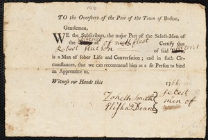 Benjamin Lemoine indentured to apprentice with Robert Stutson of Wellfleet, 6 November 1766