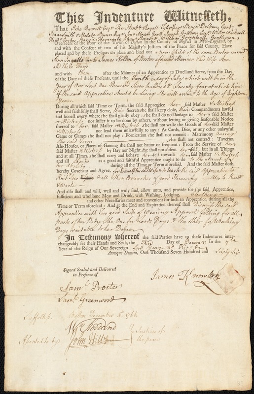 Ann Ingalls indentured to apprentice with James Knowlton of Boston, 3 December 1766