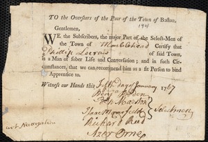 John Williams indentured to apprentice with Peter/Phillip Lecraw of Marblehead, 27 January 1767