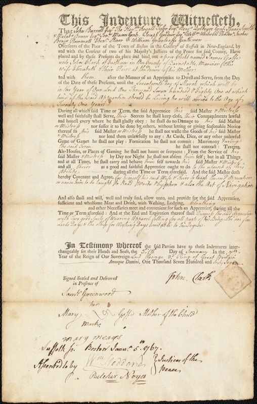 James Goffe indentured to apprentice with John Clark of Eastham, 5 January 1767