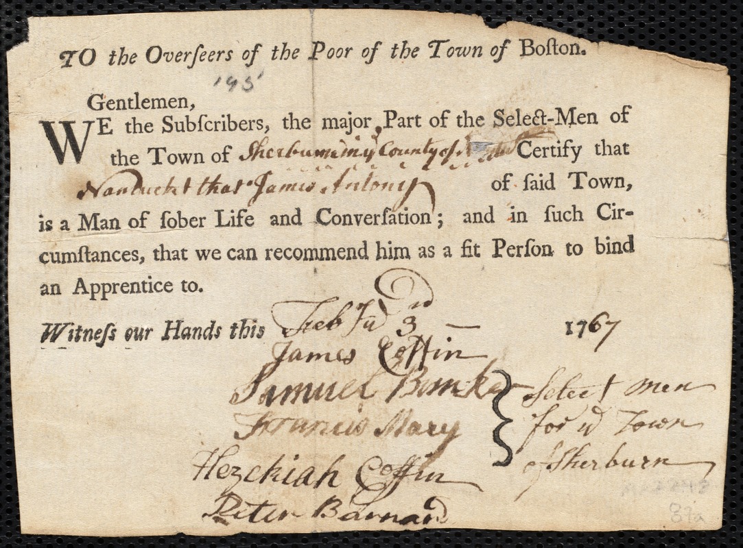 Saunders Chambers indentured to apprentice with James Anthony of Sherburn, 7 January 1767