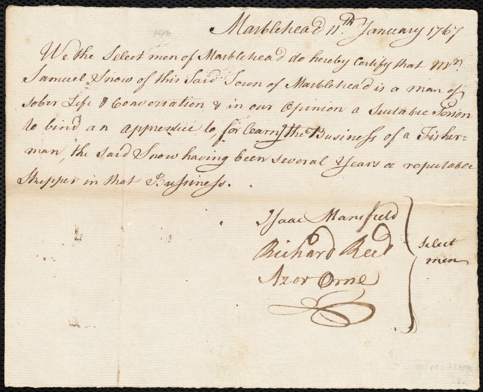 Robert Wharff indentured to apprentice with Samuel [Sam] Snow of Marblehead, 14 January 1767