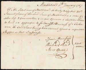 Robert Wharff indentured to apprentice with Samuel [Sam] Snow of Marblehead, 14 January 1767