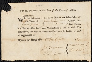 Mary Hicks indentured to apprentice with John Turner, Jr. of Pembroke, 18 February 1767