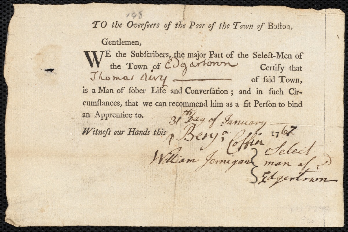 John Lemoine indentured to apprentice with Thomas Arey [Airy] of Edgartown, 27 March 1767
