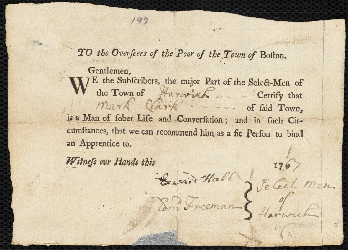 Tamar Allen indentured to apprentice with Mark Clarke of Harwich, 13 April 1767
