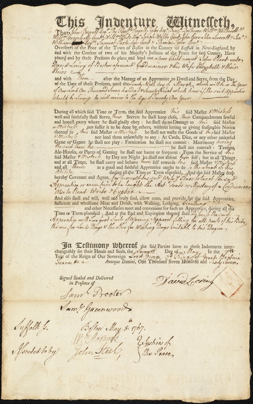 John Plant indentured to apprentice with David Loring of Boston, 7 May 1767