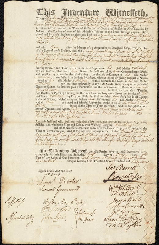 Matthew Hopkins indentured to apprentice with Elijah Doubleday of Boston, 6 May 1767