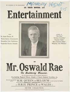 In this hotel an entertainment by Mr. Oswald Rae the bewildering humorist
