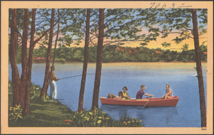 A group in a boat on a lake by a man fishing on shore