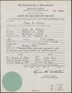 Copy of record of death of Jack Miller