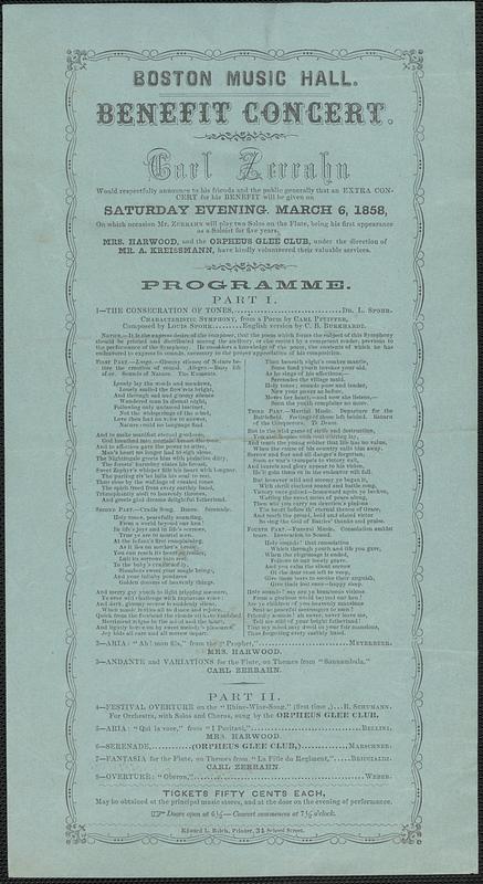 Boston Music Hall, benefit concert, Carl Zerrahn, Saturday evening, March 6, 1858