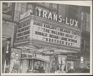 Trans-Lux Theatre, "Walking Dead" and "Brother Rat" listed on marquee, Washington Street, Boston