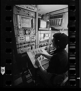 TV control room in trailer at Fenway Park, Boston