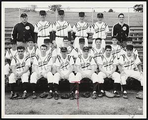 New Hampshire baseball champions of Littleton High School. Front row, left to right, Greg Ball, Dave Lynch, Tom Walker, George Merrill, Joe De-Simone, Warren Parker. Second row, Steve Hibbard, Dale Burgess, Dick Gawal, Ed Hennessey, Bill Perry, Ev St. Francis, Tony Sarausky, Jeff Howard. Back row, Coach Anthony Sarausky, Malcolm Reid, Tom Berry, Doug Eoute, Dave Crossett, Gene Parent, manager.